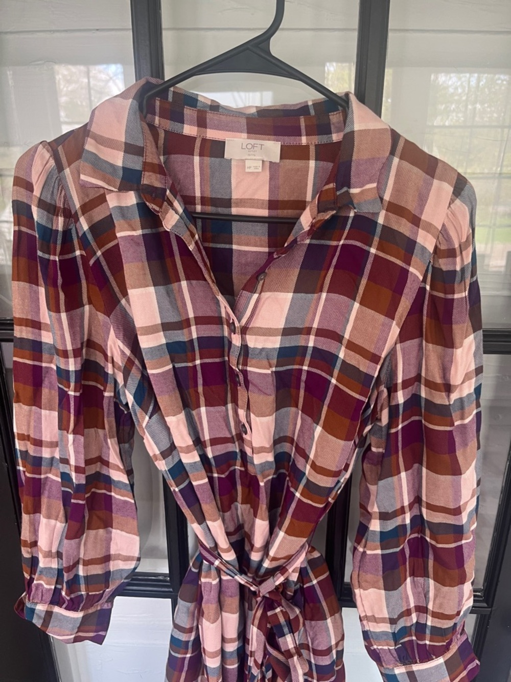 LOFT Pink and Burgundy Plaid Tie-Waist Button-Down Top
